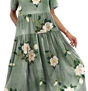 YESNO Women Summer Dress Casual Loose Bohemian Floral Dress with Pockets Short Sleeve Long Maxi Beach Swing Dress EJFCA