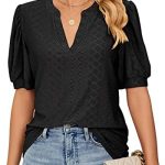 isermeo Womens Shirts Casual V Neck Tshirts Puff Short Sleeve Summer Tops Tunic Blouses S-XXL