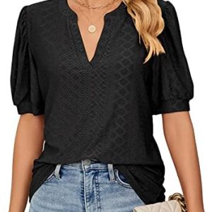 isermeo Womens Shirts Casual V Neck Tshirts Puff Short Sleeve Summer Tops Tunic Blouses S-XXL