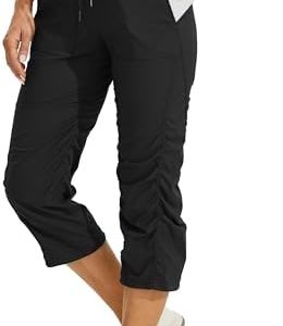 Willit Women’s Woven Capris Hiking Travel Pants Striped Workout Drawstring Pants with Pockets Lightweight Quick Dry