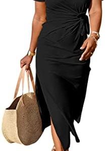 ANRABESS Women’s 2024 Summer Short Sleeve Crewneck T Shirt Maxi Wrap Dress Tie Waist Casual Slim Fit Slit Beach Dresses