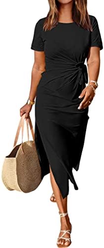 ANRABESS Women’s 2024 Summer Short Sleeve Crewneck T Shirt Maxi Wrap Dress Tie Waist Casual Slim Fit Slit Beach Dresses