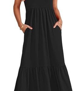 WNEEDU Womens Summer Dresses 2024 Sleeveless Maxi Dress Crewneck Casual Flowy Tiered Swing Dress with Pockets