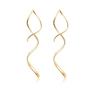 Spiral Threader Earrings, 14k Gold Earrings for Women, Handmade Drop Dangle Open Hoops Twisted Linear Curved Pull Through Earrings for Women Girls