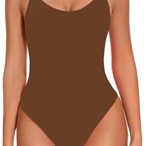 WNEEDU Bodysuit for Women Sexy Ribbed Sleeveless Backless Tops Shapewear Bodysuits