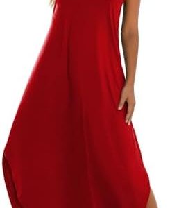 Zilcremo Women Summer Sleeveless Dress Casual V Neck Loose Split Tshirt Long Dresses