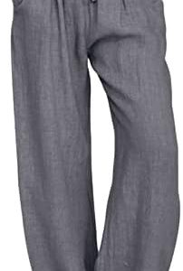 2024 Women’s Summer Linen Pants 2024 Solid Wide Leg Pants Drawstring Waist Loose Trouser Cotton Linen Yoga Palazzo Pants