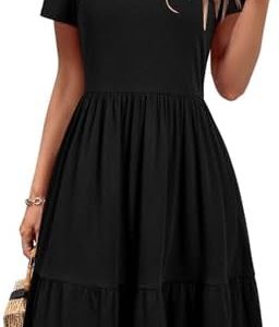Newshows Womens 2024 Summer Dress Short Sleeve Square Neck Dresses Casual Beach Vacation A-Line Ruffle Sundress with Pockets