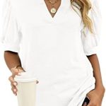 osazic Women Casual V-Neck T-Shirts Loose Puff Short-Sleeve Tops Tunic Blouse S-XXL