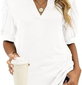 osazic Women Casual V-Neck T-Shirts Loose Puff Short-Sleeve Tops Tunic Blouse S-XXL