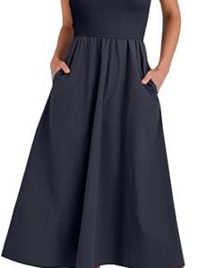 Beaufident Women’s Summer Casual Sleeveless Midi Sundress Knit High Neck Tank Top Racerback Flowy Dresses with Pockets