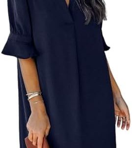 JOCAFIYE Womens Dresses V Neck Short Sleeve Solid Dresses Casual Shift Dresses for Women 2024