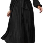 YAMTHR Women’s Dress Long Sleeve V Neck Slim Fit Pleated Midi Dresses with Belted