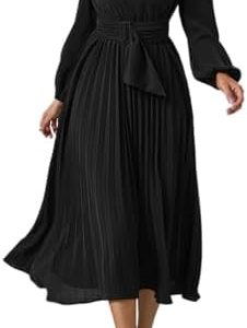 YAMTHR Women’s Dress Long Sleeve V Neck Slim Fit Pleated Midi Dresses with Belted