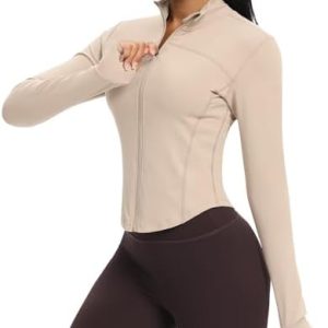 QUEENIEKE Workout Running Jackets for Women Zip Up Athletic Yoga Cropped Tops with Thumb Holes