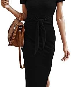 YACUN Women Summer Dress Bodycon Short Sleeve Tie Waist Midi Dresses