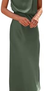PRETTYGARDEN Women’s 2024 Summer Satin Dress Elegant Sleeveless Mock Neck Cocktail Party Maxi Dresses