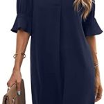 Famulily Womens Dresses V Neck Puff Sleeve Solid Loose Fit Casual Summer Beach Flowy Shirt Dress