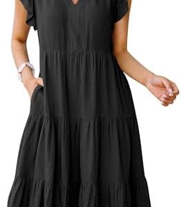 ANRABESS Womens Summer Ruffle Sleeve V Neck Midi Dress 2024 Fashion Casual Fit Flowy Tiered Boho Beach Vacation Sundress