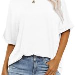 isermeo Women’s Oversized Tunic Length Tops Rolled Short Sleeves Summer Tops Casual Crewneck T Shirt S-XXL