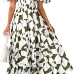 PRETTYGARDEN Women’s 2024 Summer Boho Midi Dress Off Shoulder Puff Sleeve Print Smocked Ruffle Beach Long Flowy Dresses