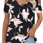 WNEEDU Womens Summer Tops Ladies V Neck T Shirts Casual Cold Shoulder Short Sleeve Shirts Loose Fashion 2024 Trendy Clothing