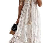 CUPSHE Women’s Summer Slip Boho Maxi Dress Lace Up Tassel V-Neck Flare Ruffle Beach Dresses White