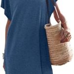 WNEEDU Women’s Summer Dress Short Sleeve T Shirt Dress Casual Loose Beach Cover ups Crew Neck Slit Mini Dress with Pockets