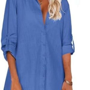 Hotouch Women’s Linen Shirts Button Down Long Sleeve Blouse Cuffed Sleeve Collared Shirt