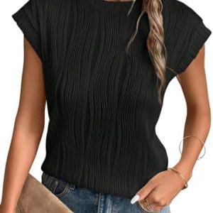 isermeo Womens Short Cap Sleeve Textured Summer Tops Crewneck Knit Loose Casual Basic Tee Shirts Blouses