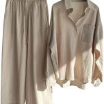 2 Piece Cotton Linen Outfits for Women Casual Lounge Sets Long Sleeve Buttons Shirts Plus Size Wide Leg Pants Sets