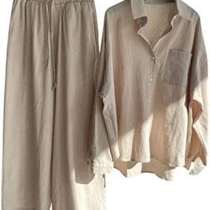2 Piece Cotton Linen Outfits for Women Casual Lounge Sets Long Sleeve Buttons Shirts Plus Size Wide Leg Pants Sets