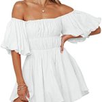 Dokotoo Womens Off Shoulder Summer Dresses Short Lantern Sleeve Ruffle Elastic Waist A-Line Casual Mini Dress