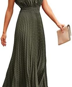 PRETTYGARDEN Women’s Midi Summer Dresses Casual V Neck Swiss Dot Ruffle Sleeveless A Line Beach Sun Dress