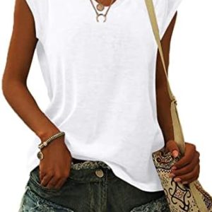 WNEEDU Womens Tops Summer V Neck T-Shirt Casual Cap Short Sleeve V Neck Loose Fit Tank Tops