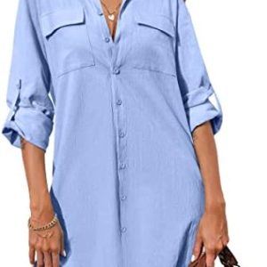 Hotouch Women’s Oversized Button Down Shirt Dress with Pockets Long Sleeve Cotton Linen Cover Ups Casual Tunic Blouse Top