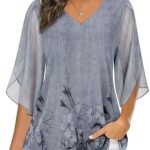 Viracy Womens Overlap Ruffle Sleeve V Neck Mesh Blouse Elastic Loose Flowy Tunic Tops