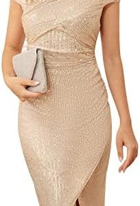 JASAMBAC Women Sequin Dress Sparkly Off Shoulder Slit Wedding Formal Evening Party Cocktail Bodycon Dress