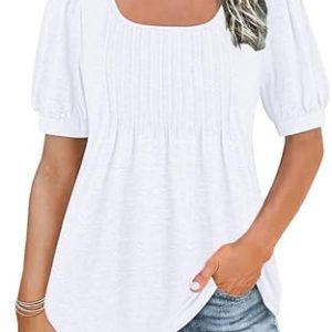 WNEEDU Womens Summer Tunic Tops Puff Short Sleeve T-Shirts Casual Pleated Flowy Square Neck Basic Tee Top Women 2024 New