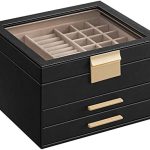 SONGMICS Jewelry Box with Glass Lid, 3-Layer Jewelry Organizer, 2 Drawers, 8 x 9.1 x 5.3 Inches, Graphite Black and Gold Color UJBC239B03
