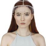 NICENEEDED Rhinestone Head Chain Cap, Sparkle Masquerade Headpieces Hat with Tassels, Glitter Crystal Headwear Head Jewelry Chain for Women and Girls Party Costume