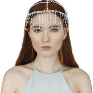 NICENEEDED Rhinestone Head Chain Cap, Sparkle Masquerade Headpieces Hat with Tassels, Glitter Crystal Headwear Head Jewelry Chain for Women and Girls Party Costume