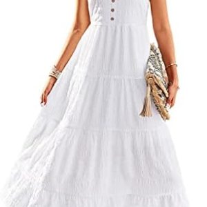 Beaufident Women’s Summer Dresses Sleevelesss Smocked Sundress Boho Tank Dress Ruffle A Line Beach Midi Dress with Pockets