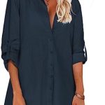 Hotouch Women’s Linen Shirts Button Down Long Sleeve Blouse Cuffed Sleeve Collared Shirt