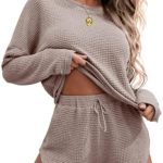 Ekouaer Womens Waffle Knit Pajama Sets Long Sleeve Top and Shorts Matching Lounge Set Sleepwear with Pockets