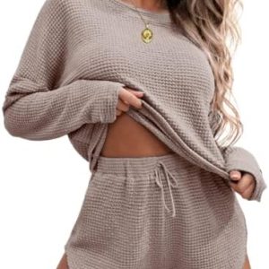 Ekouaer Womens Waffle Knit Pajama Sets Long Sleeve Top and Shorts Matching Lounge Set Sleepwear with Pockets