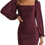 Oyamiki Womens Summer Dress Mesh Long Sleeve Square Neck Ruched Casual Wedding Guest Party Club Cocktail Bodycon Mini Dress