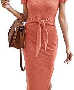 YACUN Women Summer Dress Bodycon Short Sleeve Tie Waist Midi Dresses
