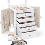 TORIBIO 2 in 1 Huge Jewelry Box 6-Tier Leather Jewelry Organizer Case with Small Travel Case for Women Girls Ring Necklace Earring Bracelet Holder with Mirror White