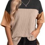 EVALESS Womens Summer Short Sleeve Crewneck Shirts Tops 2024 Fashion Color Block Casual Tunic Top